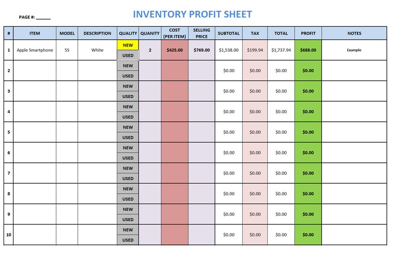Inventory Sheet | Etsy