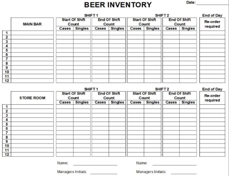 Bar Inventory Sheets Custom Order Etsy