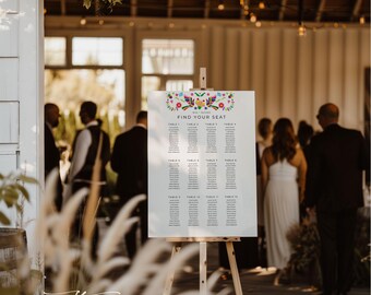 May include: A white seating chart on a wooden easel with the text "FIND YOUR SEAT" and a colorful floral design. The chart lists names under table numbers. The Carolina Espinosa Design Workshop logo is at the bottom.