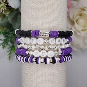 Heishi Bracelet Stack Texas Christian- heishi beads tcu horned frogs white purple black silver gift women's jewelry gameday college riff ram