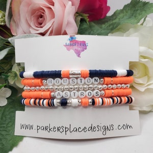 Heishi Bracelet Stack Houston Astros- heishi beads astros baseball accessories silver orange navy blue gift women's jewelry gameday mlb