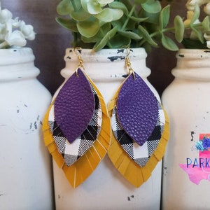 Purple Gold Leather Earrings - purple gold mustard yellow plaid earrings jewelry accessories fringe leaf gameday lsu tigers