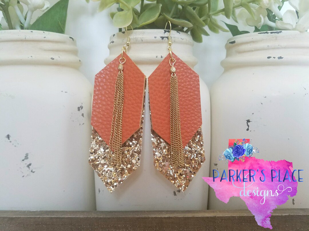 Burnt Orange Leather Earrings Bronze Burnt Orange Faux Leather Glitter