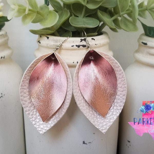 Pink Leather Earrings - pinched curled leaf rose gold light pink faux leather earrings jewelry accessories