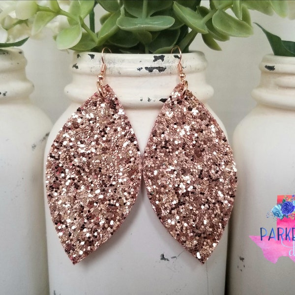 Rose Gold Leather Earrings - rose gold glitter canvas gold leather earrings leaf metallic jewelry accessories
