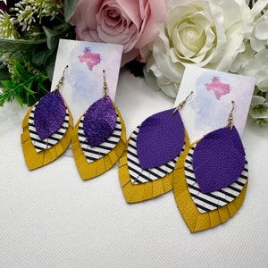 Purple Gold Leather Earrings - purple gold yellow mustard cowhide leather earrings jewelry accessories tassels gameday lsu tigers