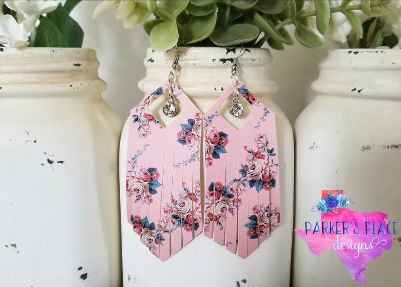 Leather Earrings floral faux leather fringe pink blush teardrops flowers spring summer easter women/'s accessories jewelry earrings