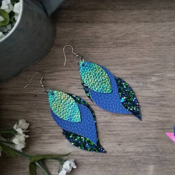 Royal Blue Green Leather Earrings - blue green iridescent glitter royal wings layered mermaid earrings jewelry accessories