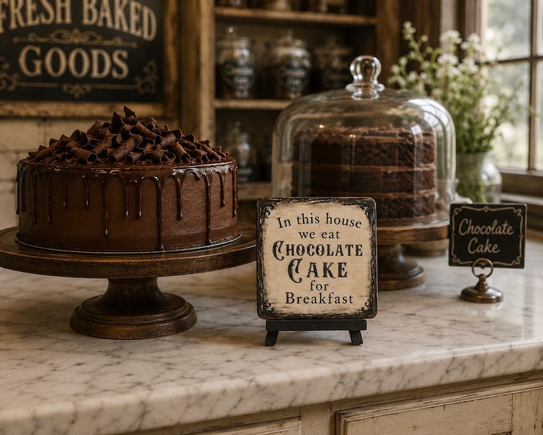 May include: A square wooden sign with the text In this house we eat CHOCOLATE CAKE for Breakfast, displayed on a small black easel. Beside it sits a round chocolate cake with dark frosting drizzles and curls on a wooden pedestal stand.