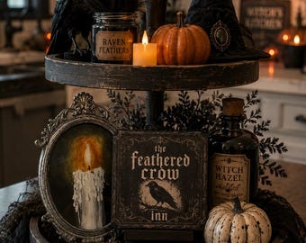 The Feathered Crow Inn sign for tier tray. Gothic Raven Decor, Edgar Allan Poe Inspired, Vintage Halloween,  shelf sitter