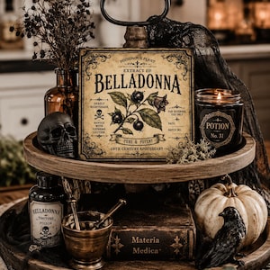 May include: A two-tiered wooden tray holding a square sign labeled Extract of Belladonna, a black skull, a Potion No. 31 candle, a Belladonna Tincture bottle, a brass mortar and pestle, a Materia Medica book, a white pumpkin, and a black raven figure.