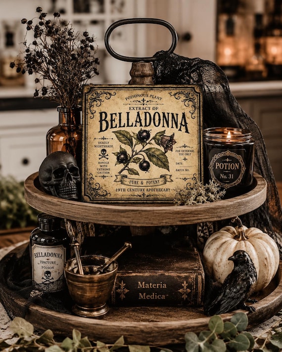 Belladonna sign for Tier Tray, Dark Academia witchy art. Halloween decor.