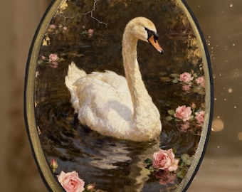 Antique Oil Painting Style Swan, Small Floral Art Print, Rustic Farmhouse Wall Decor, White Swan With Roses , Romantic Vintage Valentine.
