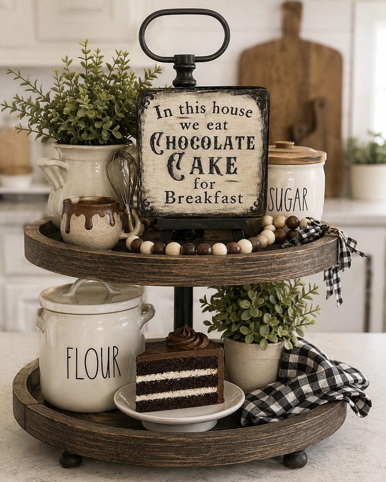 May include: A two-tiered wooden tray featuring a sign that reads In this house we eat CHOCOLATE CAKE for Breakfast. The tray holds a white flour canister, a sugar canister, a slice of chocolate cake on a plate, a small plant, and a mug.