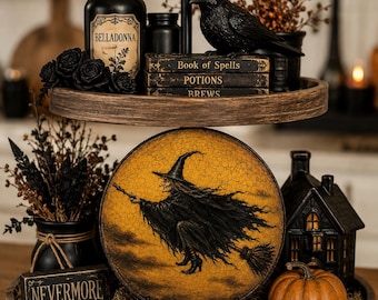 Vintage Witch Round Sign, Tier tray Gothic Apothecary Decor, Halloween Shelf Sitter, Witch Cottagecore, Dark Academia, Spooky Home art