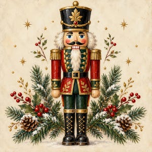 May include: A decorative nutcracker figure wearing a black hat with gold accents, a red and green uniform with gold trim, and white hair and beard. The figure is surrounded by pine branches, red berries, pinecones, and small gold stars.
