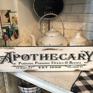 Apothecary potions, poisons, elixirs & brews signs. Halloween Kitchen, bathroom sign. Witchy magical spice sign.