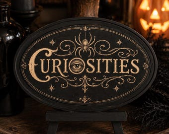 Curiosities sign. Halloween, Dark Academia, Edgar Allan Poe, Gothic deco podge sign.