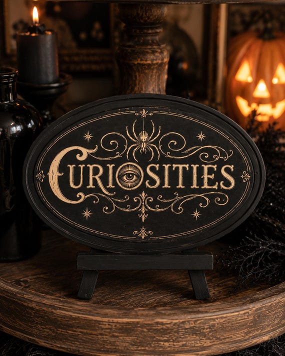 Curiosities sign. Halloween, Dark Academia, Edgar Allan Poe, Gothic deco podge sign.