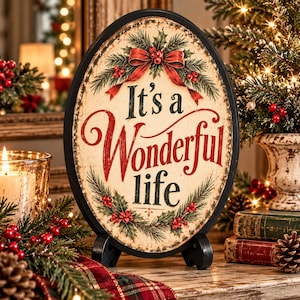 May include: An oval-shaped decorative sign with a black frame and stand, featuring a cream-colored background with the text It's a Wonderful life in red and black script. The design includes green pine branches, red holly berries, and a red bow.