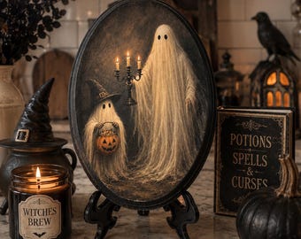 Vintage Halloween Ghost Oval Sign, Spooky Ghost Family Decor, Primitive Cottage Halloween Shelf Sitter, Gothic Fall Entryway Decor