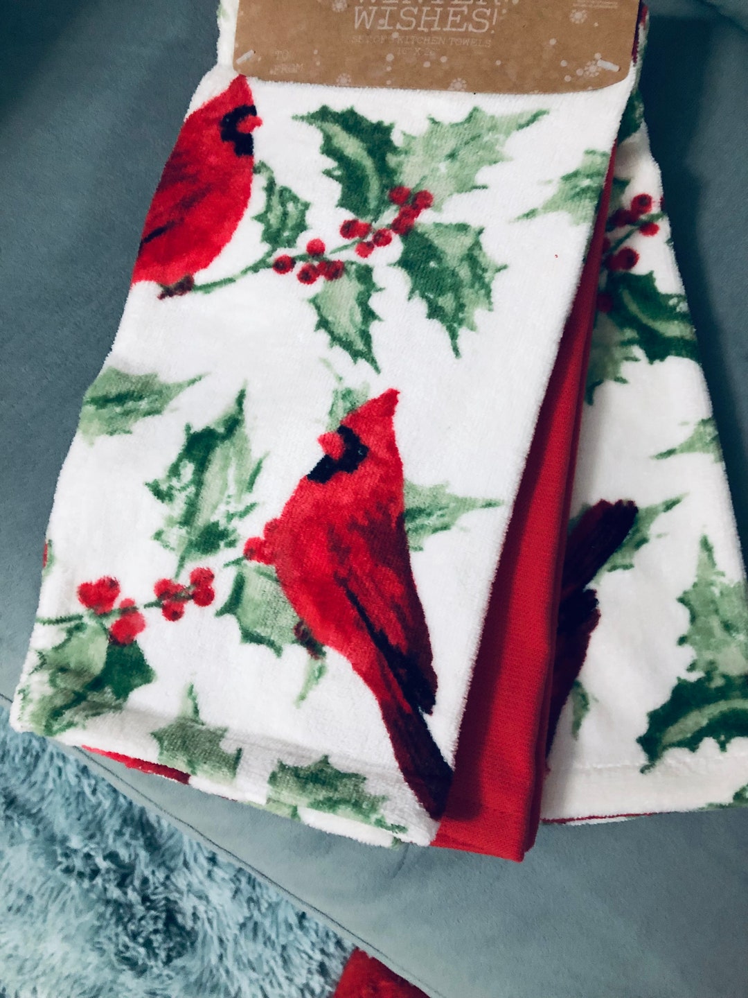 Two Lovely Red Cardinal Kitchen Towels. Brighten Your Day. Captures the