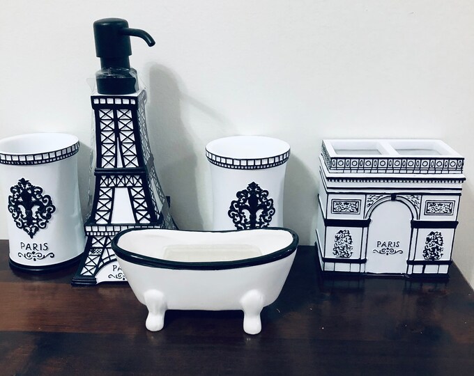 Five Piece Paris Eiffel Tower Bathroom Accessory Set. 2cups, 1 Toothbrush Holder, 1 Lotion or