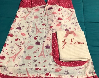 Lovely Eiffel Tower Paris Apron. Beautiful Paris Designs. Cotton Apron and Kitchen towel set. 100% cotton. Machine washable.