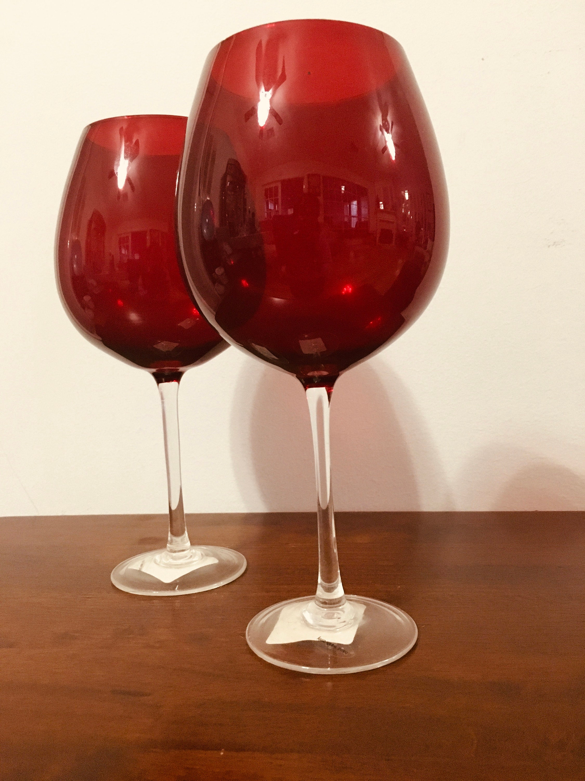 2 Tall Deep Red Wine Glasses