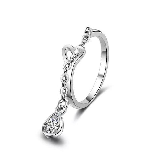 Heart Dangle CZ Ring/S925 Silver Chain Ring/Stacking Ring/Dangling Charm Ring/Midi Ring/Adjustable Ring/Resizable Band Open Ring