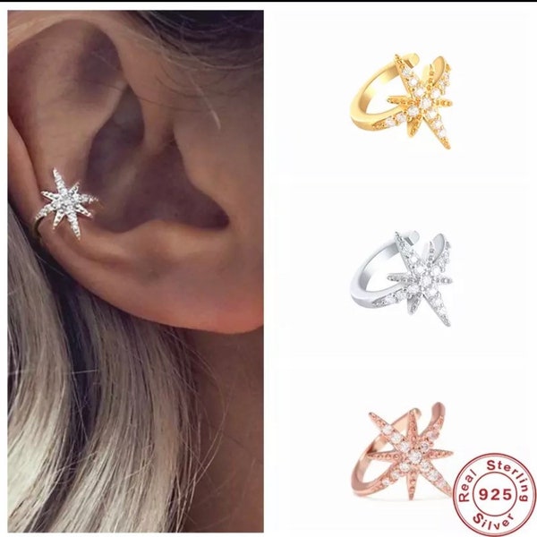 Starburst Sterling Silver Ear Cuff, No Piercing Ear Cuff, Fake Piercing, Starburst Ear Cuff, Star Ear Cuff Earring, Helix Cuff