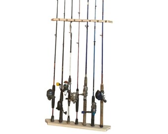 Fishing Pole Rack Wall Vertical Mount 7 Rod Storage Pine Wood Garage USA