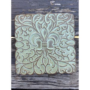 Vintage Frankoma 3TR Pottery Square Fleur-de-lis Scroll Tile Trivet Teal