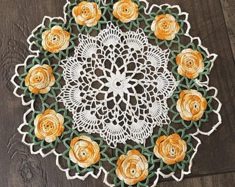 Handmade Crochet Floral Doily Vtg Style Lace Centerpiece Yellow & White Flowers