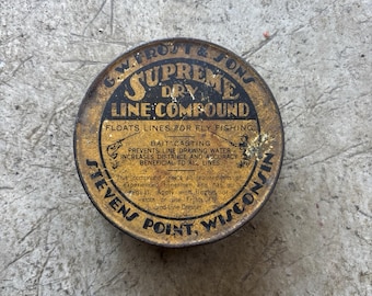 Vintage Tin Jar Supreme Dry Fishing Line Compound Stevens Point Wisconsin Frost