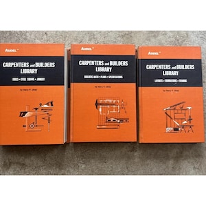May include: Three orange and black hardcover books titled Audel Carpenters and Builders Library by Harry F. Ulrey. The covers feature black text and illustrations of construction tools, architectural plans, and framing structures on orange backgrounds.