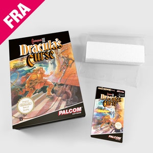 Puede incluir: Una caja del juego "Castlevania III: Dracula's Curse" para Nintendo, con una colorida ilustración en la portada. También se ven un cartucho de juego más pequeño y un bloque de espuma blanco.