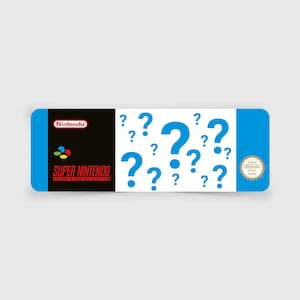May include: A blue and black Super Nintendo Entertainment System game cartridge with a white label featuring a blue question mark design. The label also includes the text "Nintendo" and "Super Nintendo Entertainment System".