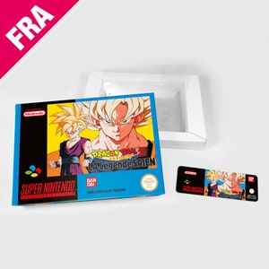 May include: A Super Nintendo game cartridge for Dragon Ball Z: La Legende Saiyen. The game cartridge is blue and features a picture of Goku and Vegeta on the front. The text "Dragon Ball Z" and "La Legende Saiyen" is printed in white on the front of the cartridge.
