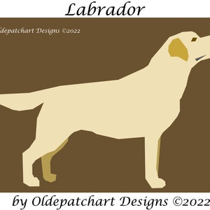 May include: A digital illustration of a yellow Labrador Retriever standing on a brown background. The dog is looking to the right of the image. The text "Labrador" is at the top of the image and the text "by Oldepatchart Designs ©2022" is at the bottom of the image.