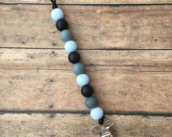 Teething Pacifier Clip - baby blue, grey, black