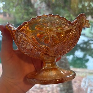 Marigold Carnival Glass Footed Candy Dish