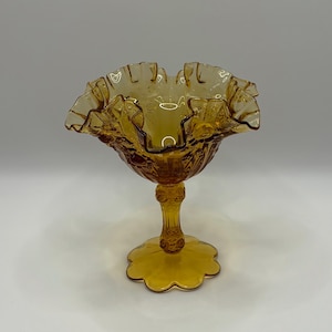 Vintage Fenton Amber Ruffled Pedestal Dish Cabbage Compote, Ruffled Glass Candy Bowl, Amber Colored Art Glass