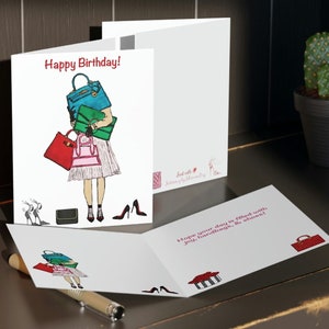 Sac à main, chaussures, mode, carte d'anniversaire, 4 faces ! Carte de voeux fashionista avec enveloppe et autocollant