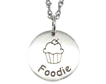 Sterling Silver Foodie Cupcake Necklace Etched Pendant (Necklace Chain Optional)