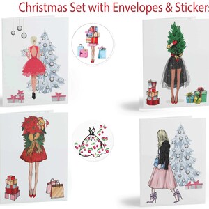 Ensemble de cartes de Noël tendance | Ensemble de cartes de voeux de vacances mignonnes et jolies filles, 4 faces avec enveloppes d'autocollants pour sa fille, maman, amie