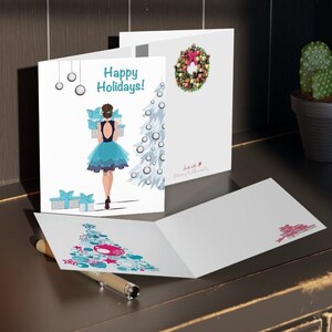 Carte de Noël tendance | Ensemble de cartes de voeux de vacances bleu rose fashionista enveloppe autocollant fille brune meilleure amie amie collègue soeur maman