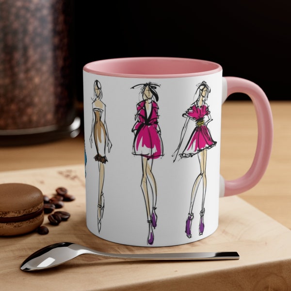 Fashion Girl Artist Sketch Mug Fashion Student Ceramic Cup - Choose Colored Interior: Red, Pink, Blue, Navy, or