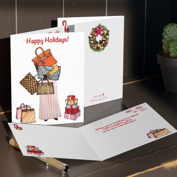 Fashion Handbag Christmas Tree Cards 4 Sided! Fashionista Holiday Greeting Card w/ Envelope and Matching Sticker Seal