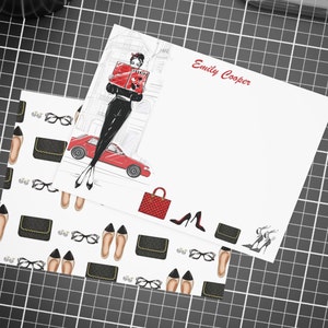 Gepersonaliseerde modetijdschriftbriefpapier met enveloppen - Handtasschoenliefhebber Fashionista-briefpapierset